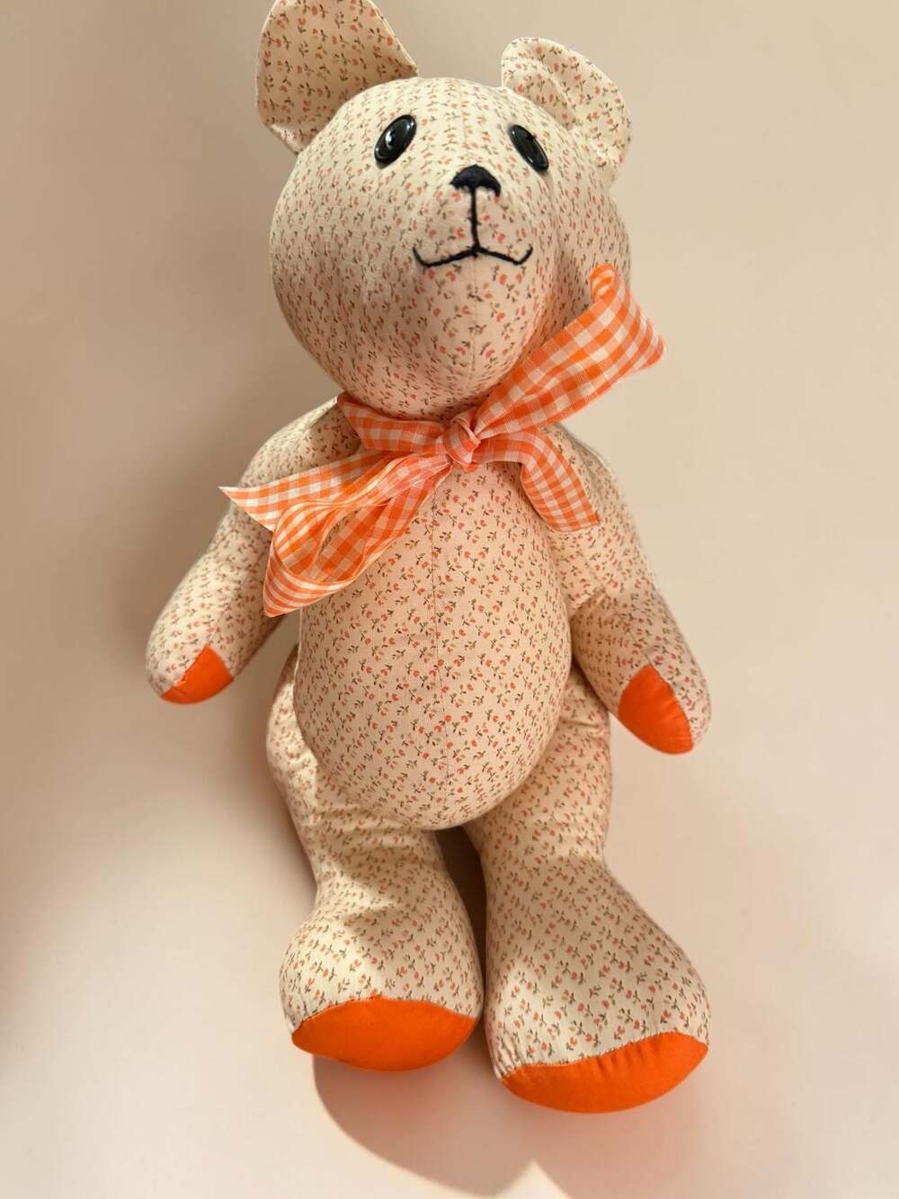 Vintage Floral Fabric Stuffed Teddy Bear with Gingham Bow